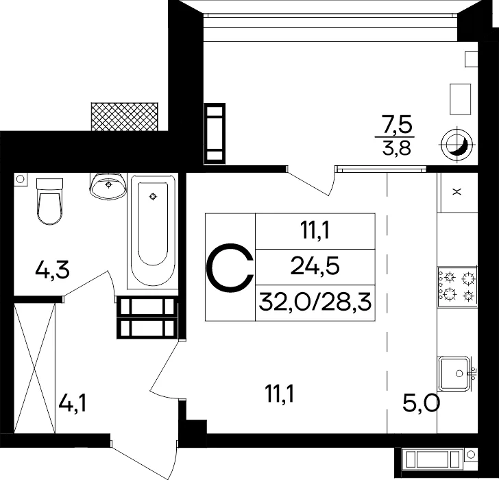 Планировка Студия, 32 м² ЖК «Маячная»