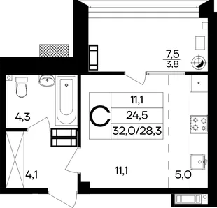 Планировка Студия, 32 м² ЖК «Маячная»