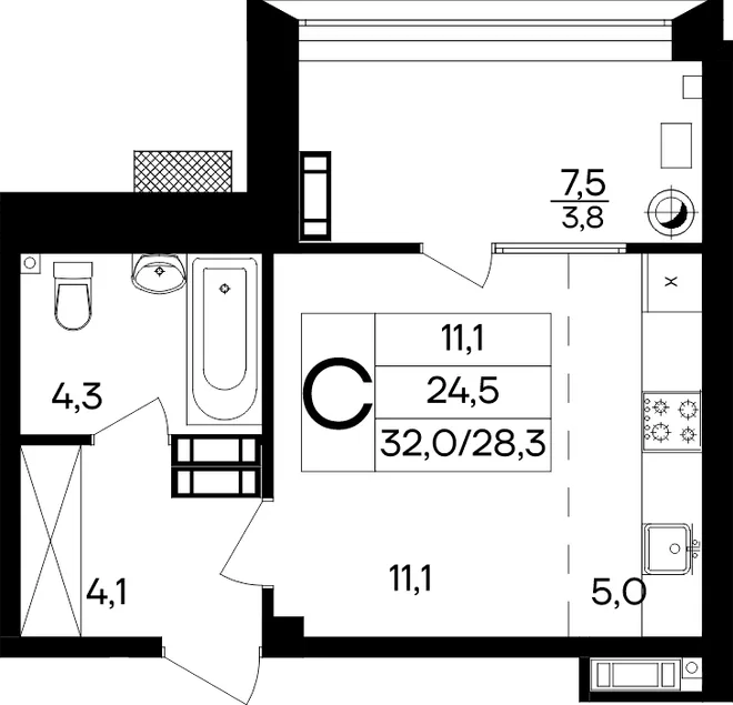 Планировка Студия, 32 м² ЖК «Маячная» Планировка Студия, 32 м² ЖК «Маячная»