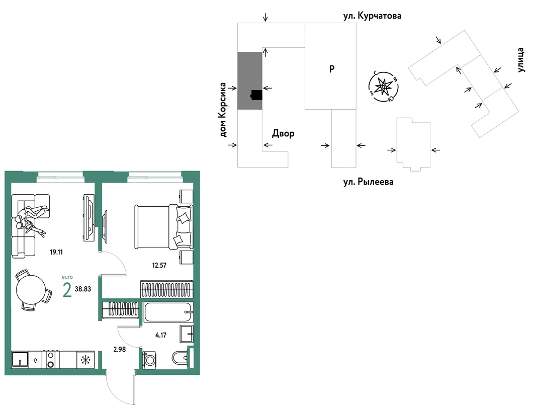 Планировка 2-комн. квартира, 38.83 м² ЖК «Остров-сад»