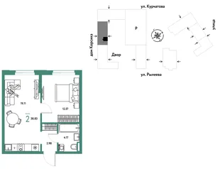 Планировка 2-комн. квартира, 38.83 м² ЖК «Остров-сад»
