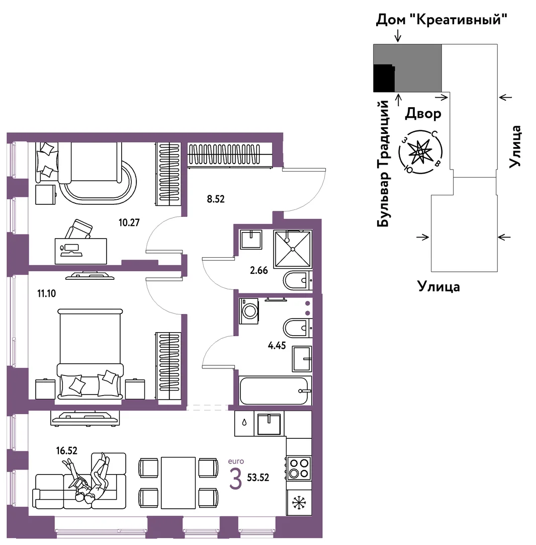 Планировка 3-комн. квартира, 53.52 м² ЖК «Микрорайон Домашний»