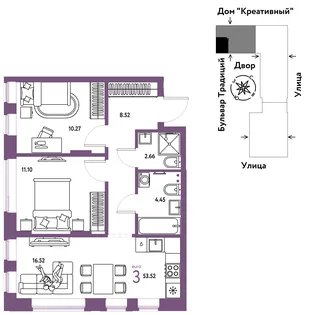 Планировка 3-комн. квартира, 53.52 м² ЖК «Микрорайон Домашний»