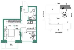 Планировка 2-комн. квартира, 33.12 м² ЖК «Остров-сад»