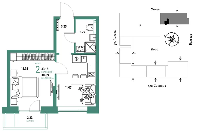 Планировка 2-комн. квартира, 33.12 м² ЖК «Остров-сад» Планировка 2-комн. квартира, 33.12 м² ЖК «Остров-сад»