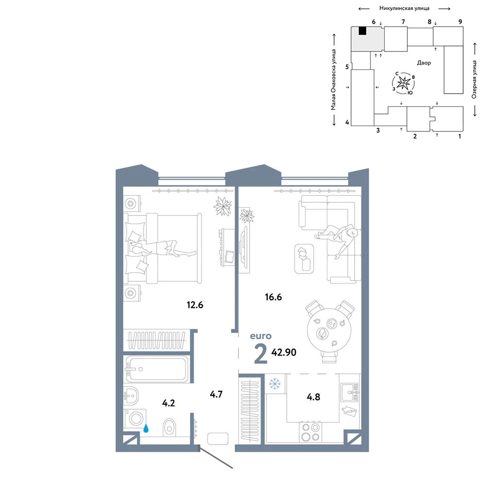 Планировка 2-комн. квартира, 42.9 м² ЖК «Страна.Озёрная»