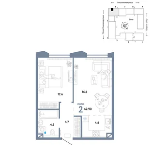 Планировка 2-комн. квартира, 42.9 м² ЖК «Страна.Озёрная»