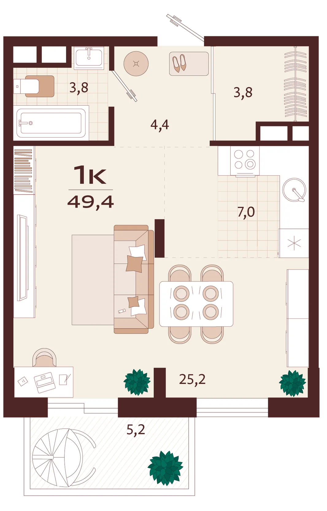 Планировка 1-комн. квартира, 49.4 м² ЖК «Роялта»