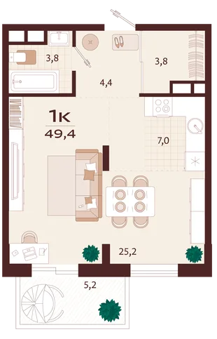 Планировка 1-комн. квартира, 49.4 м² ЖК «Роялта»