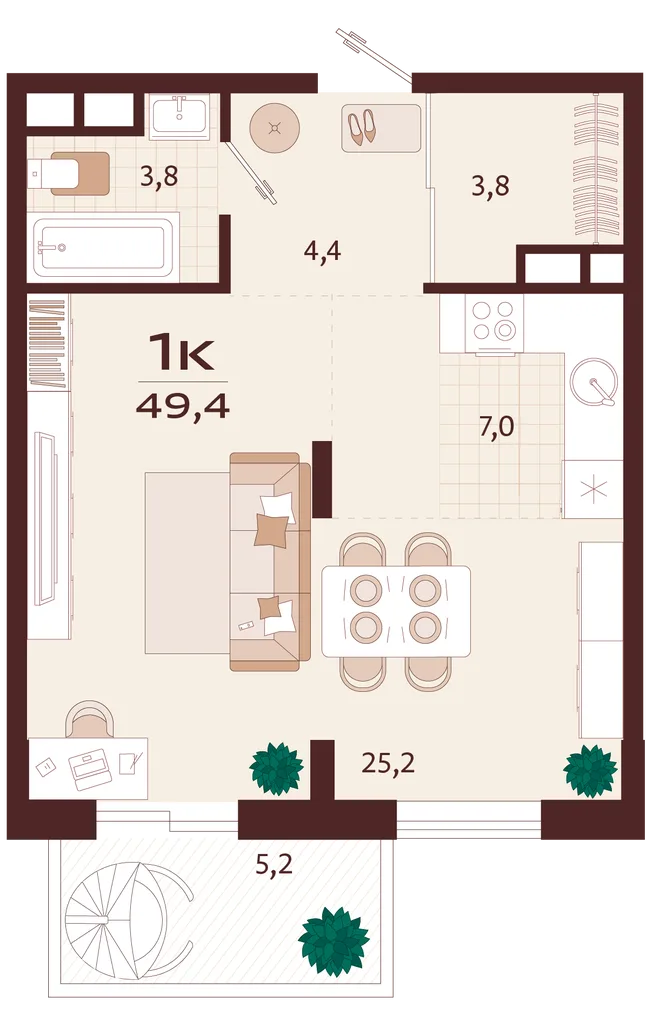 Планировка 1-комн. квартира, 49.4 м² ЖК «Роялта» Планировка 1-комн. квартира, 49.4 м² ЖК «Роялта»