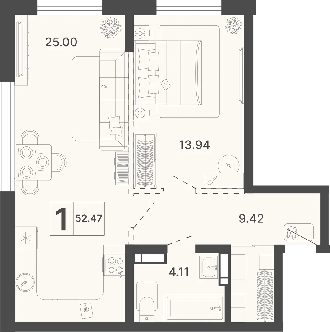 Планировка 1-комн. квартира, 52.47 м² ЖК «Светский лес»