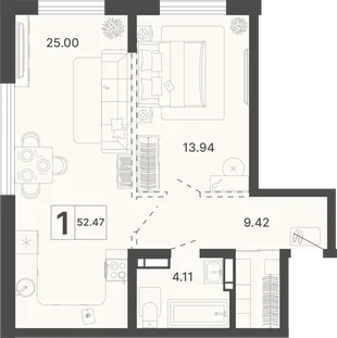 Планировка 1-комн. квартира, 52.47 м² ЖК «Светский лес»
