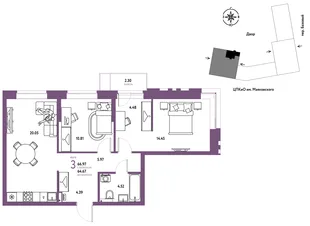 Планировка 3-комн. квартира, 66.97 м² ЖК «Сибирский сад»