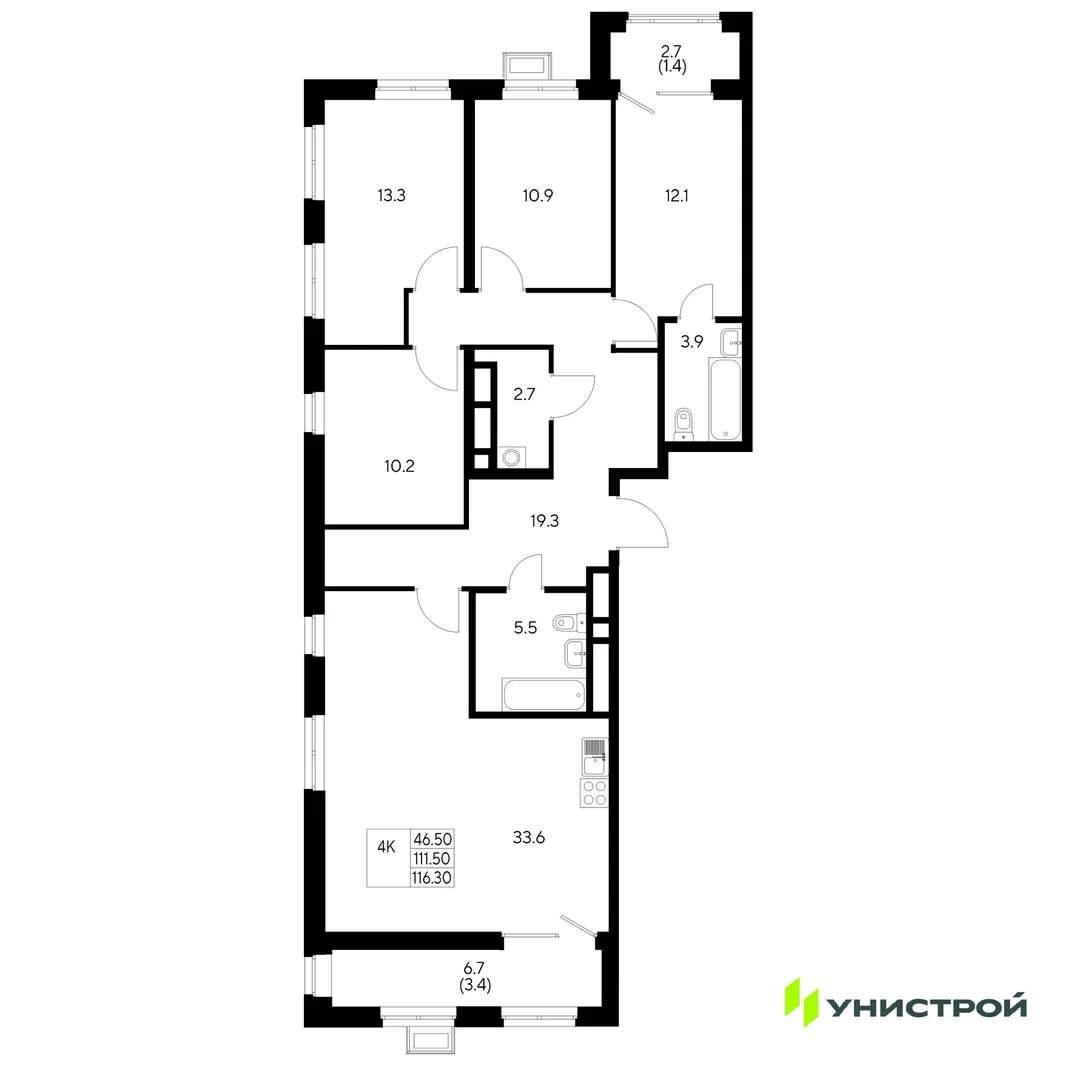 Планировка 4-комн. квартира, 116.3 м² ЖК «Стадиум»