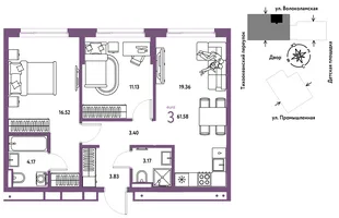 Планировка 3-комн. квартира, 61.58 м² ЖК «Страна Прибрежная»