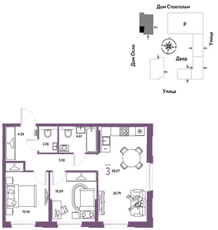 Планировка 3-комн. квартира, 58.07 м² ЖК «Европейский берег 2.0»