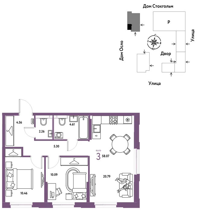 Планировка 3-комн. квартира, 58.07 м² ЖК «Европейский берег 2.0» Планировка 3-комн. квартира, 58.07 м² ЖК «Европейский берег 2.0»