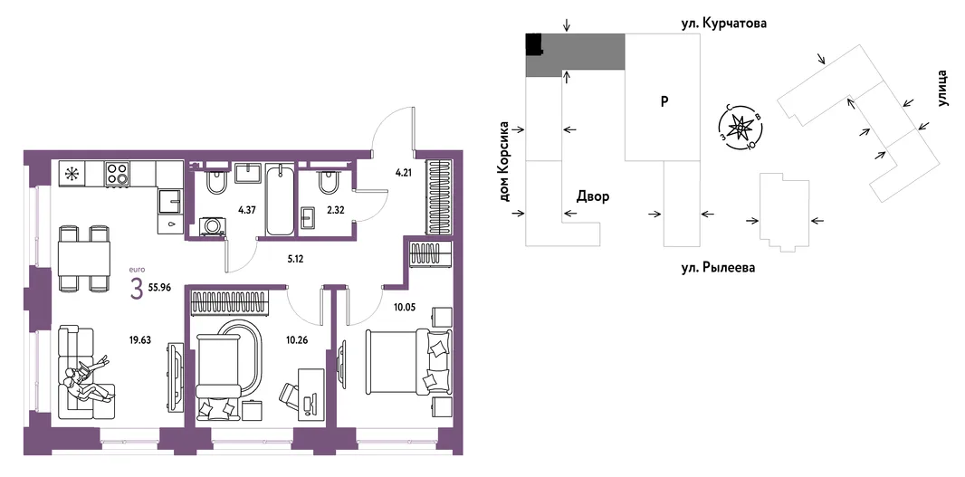 Планировка 3-комн. квартира, 55.96 м² ЖК «Остров-сад»