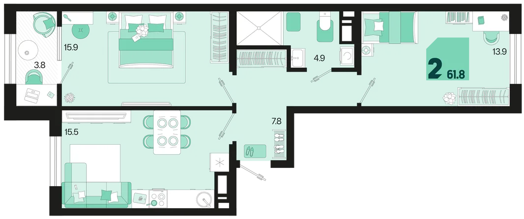 Планировка 2-комн. квартира, 61.8 м² ЖК «Первое место»