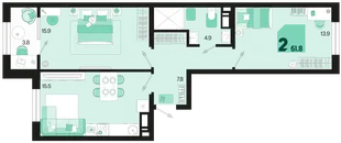 Планировка 2-комн. квартира, 61.8 м² ЖК «Первое место»