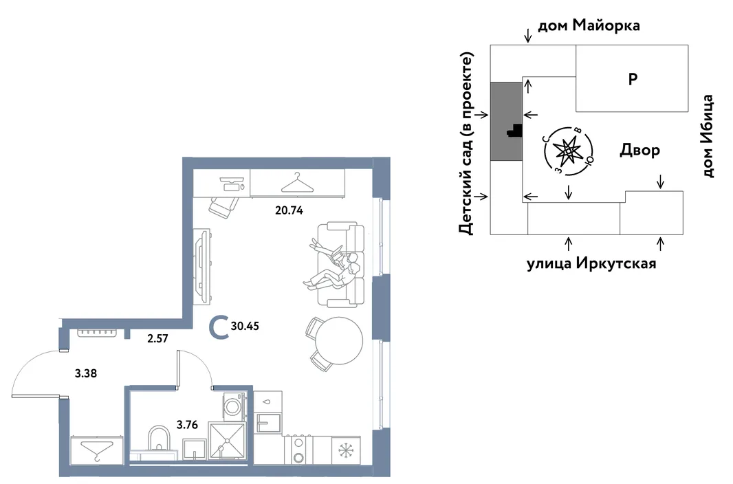Планировка Студия, 30.45 м² ЖК «Остров-сад»