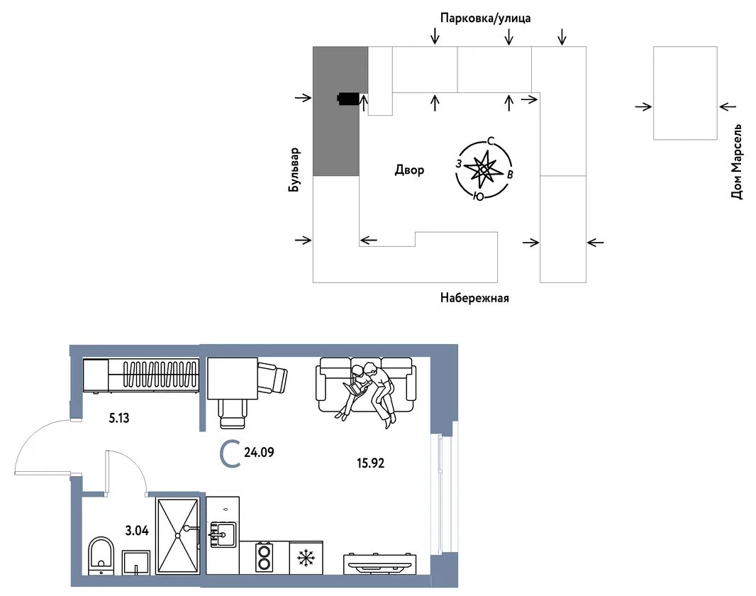 Планировка Студия, 24.09 м² ЖК «Европейский берег 2.0»