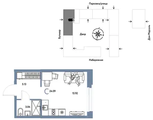 Планировка Студия, 24.09 м² ЖК «Европейский берег 2.0»