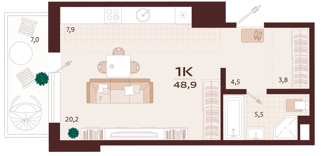 Планировка 1-комн. квартира, 48.9 м² ЖК «Роялта»