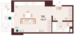 Планировка 1-комн. квартира, 48.9 м² ЖК «Роялта»