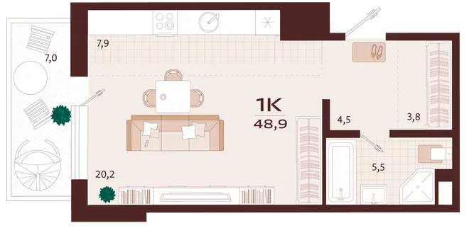 Планировка 1-комн. квартира, 48.9 м² ЖК «Роялта» Планировка 1-комн. квартира, 48.9 м² ЖК «Роялта»