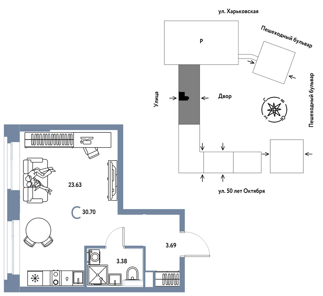 Планировка Студия, 30.7 м² ЖК «Сердце Сибири»
