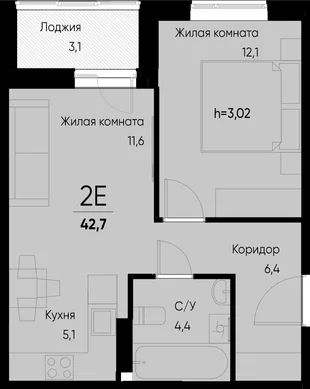 Планировка 2-комн. квартира, 42.7 м² ЖК «Васильевский остров»