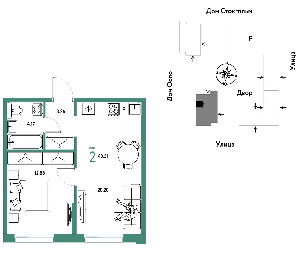 Планировка 2-комн. квартира, 40.51 м² ЖК «Европейский берег 2.0»