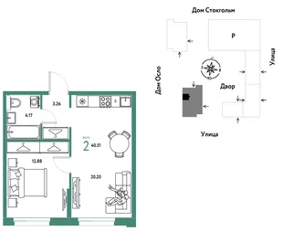 Планировка 2-комн. квартира, 40.51 м² ЖК «Европейский берег 2.0»