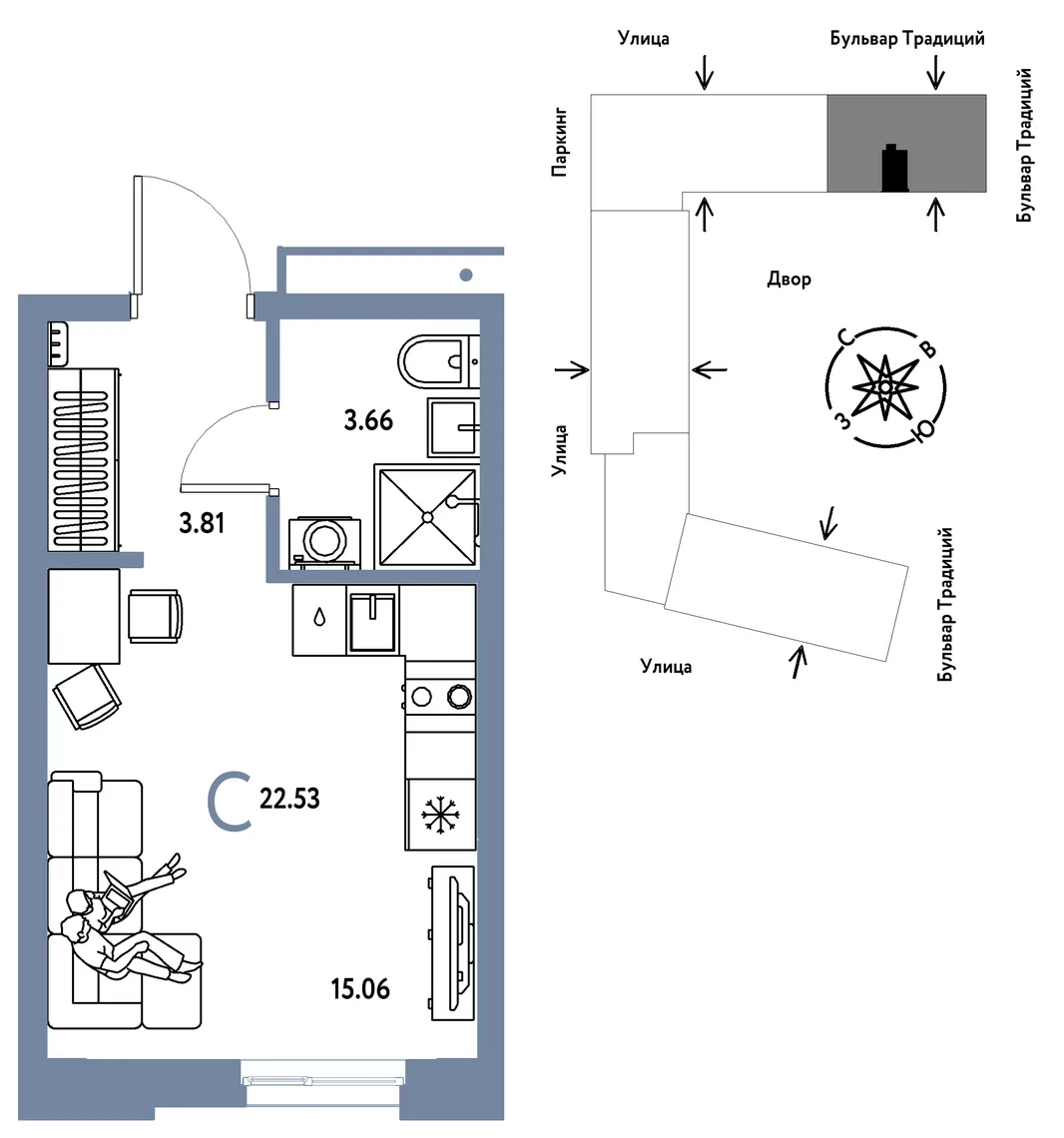 Планировка Студия, 22.53 м² ЖК «Микрорайон Домашний»