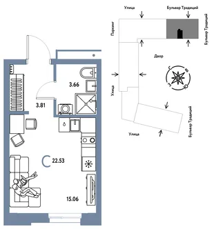 Планировка Студия, 22.53 м² ЖК «Микрорайон Домашний»