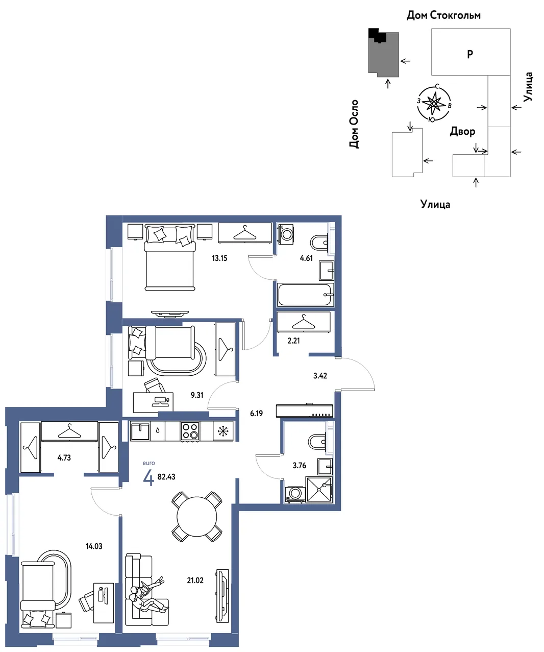 Планировка 4-комн. квартира, 82.43 м² ЖК «Европейский берег 2.0»