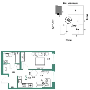 Планировка 2-комн. квартира, 37.22 м² ЖК «Европейский берег 2.0»