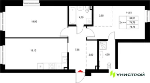 Планировка 2-комн. квартира, 74.76 м² ЖК «Уникод на Технической»