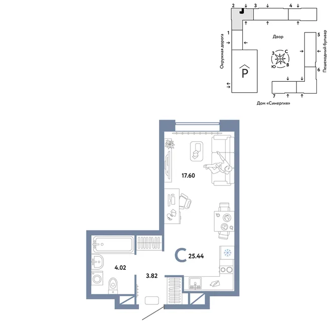 Планировка Студия, 25.44 м² ЖК «Юнион»
