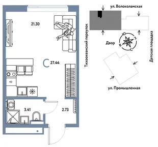 Планировка Студия, 27.44 м² ЖК «Страна Прибрежная»
