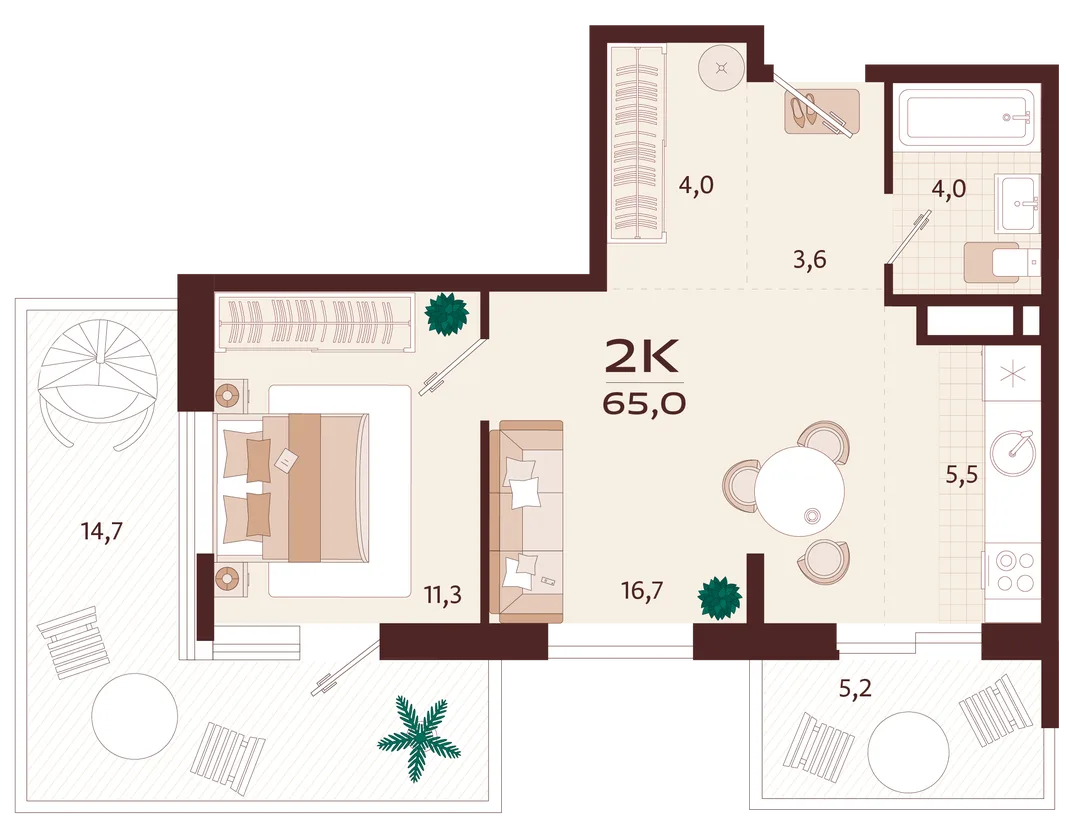 Планировка 2-комн. квартира, 65 м² ЖК «Роялта»