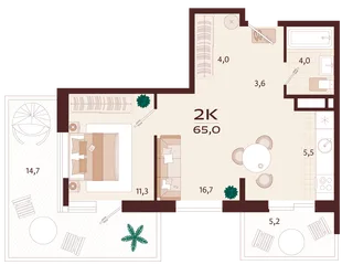 Планировка 2-комн. квартира, 65 м² ЖК «Роялта»