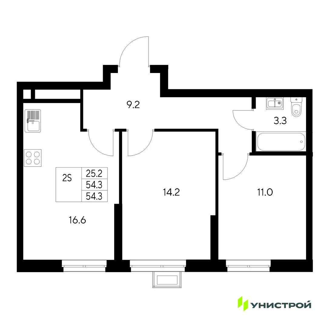 Планировка 2-комн. квартира, 54.3 м² ЖК «Стадиум»