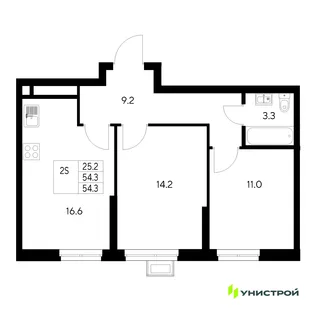 Планировка 2-комн. квартира, 54.3 м² ЖК «Стадиум»