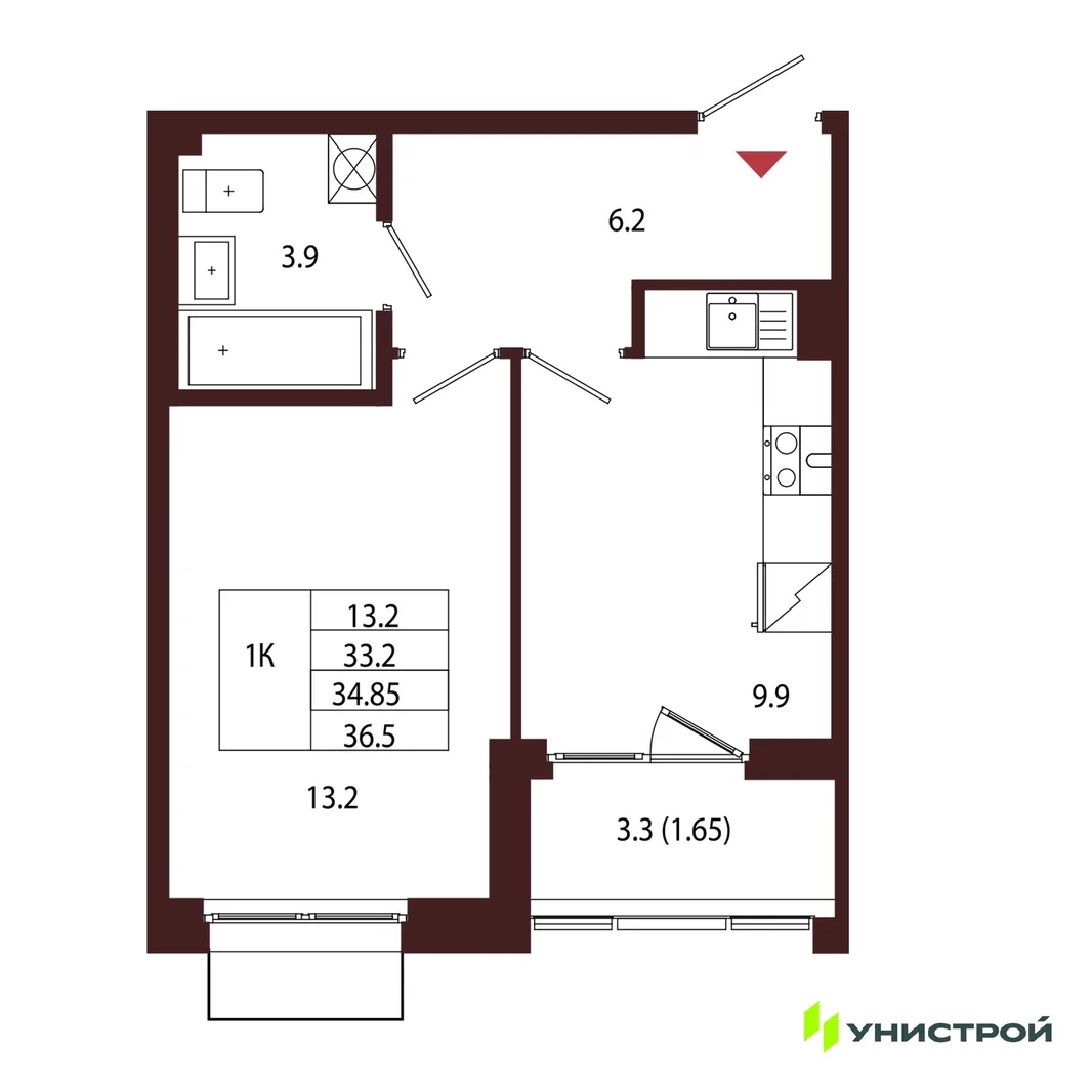 Планировка 1-комн. квартира, 34.85 м² ЖК «Лисино»