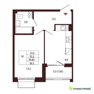 Планировка 1-комн. квартира, 34.85 м² ЖК «Лисино»