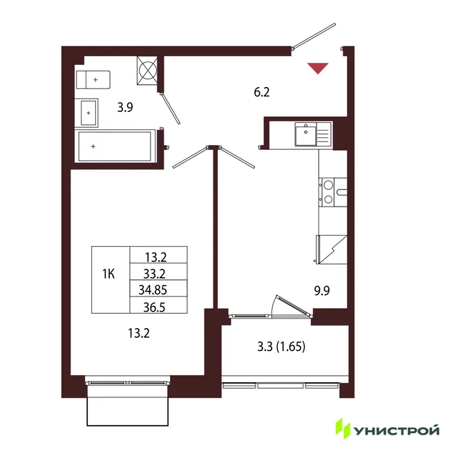 Планировка 1-комн. квартира, 34.85 м² ЖК «Лисино» Планировка 1-комн. квартира, 34.85 м² ЖК «Лисино»