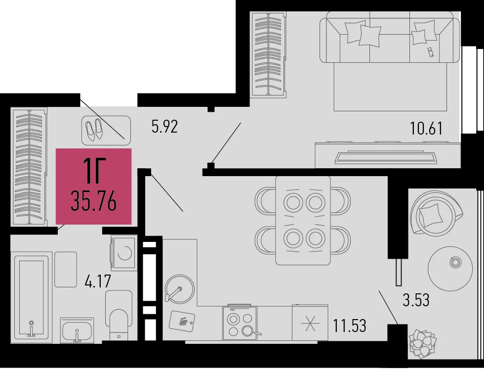 Планировка 1-комн. квартира, 35.76 м² ЖК «Столицыно»