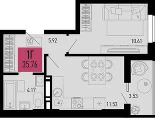 Планировка 1-комн. квартира, 35.76 м² ЖК «Столицыно»